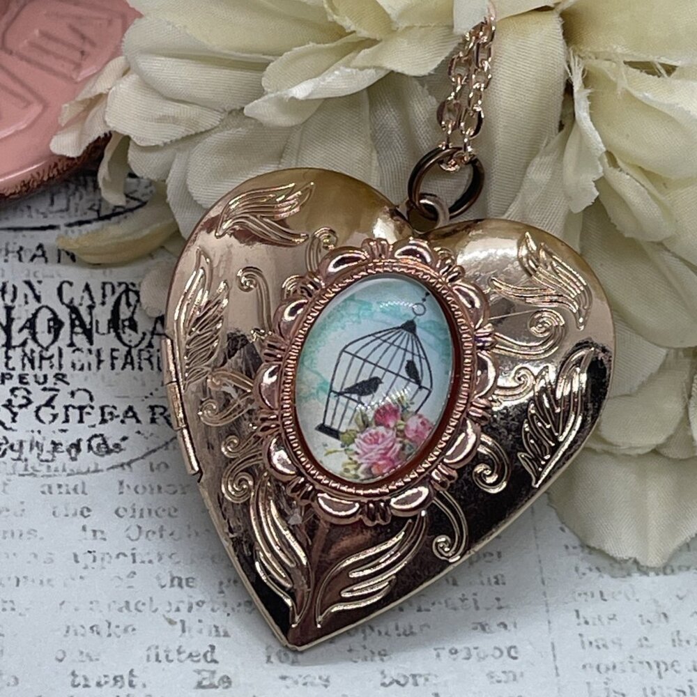 Victorian Bird Cage Blue Mom Wife Christmas Rose Gold Heart Locket Anniversary